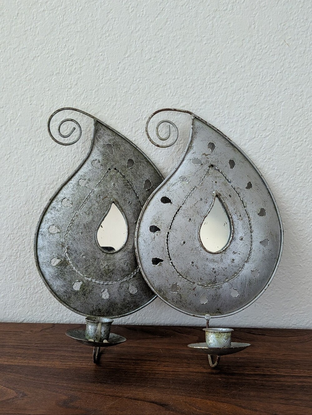 Set Of 2 Metal Paisley Boho Wall Decor Mirror Taper Candle Holders